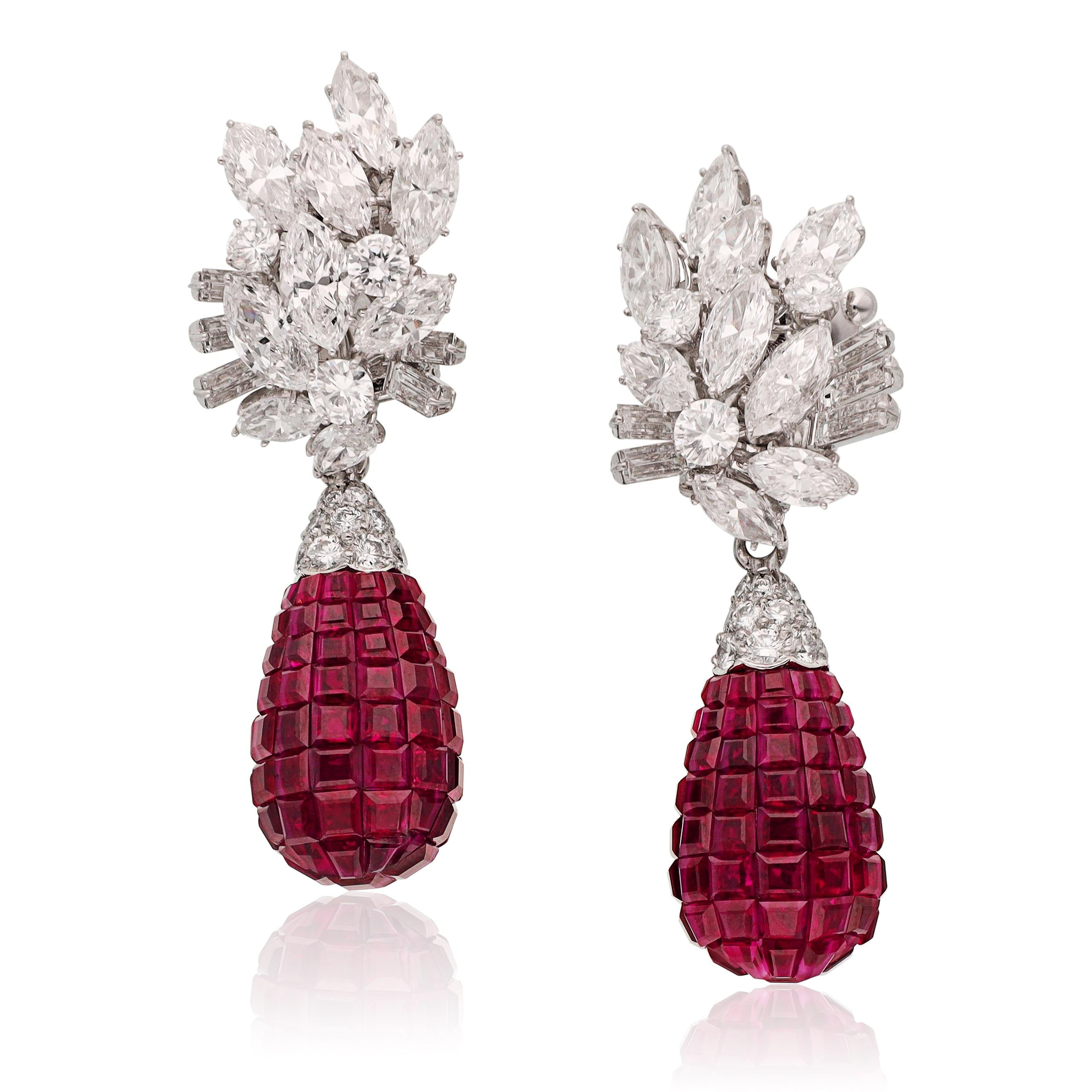 VAN CLEEF ARPELS Diamond Cluster and Ruby Pendant 'Mystery-Set' Ear
