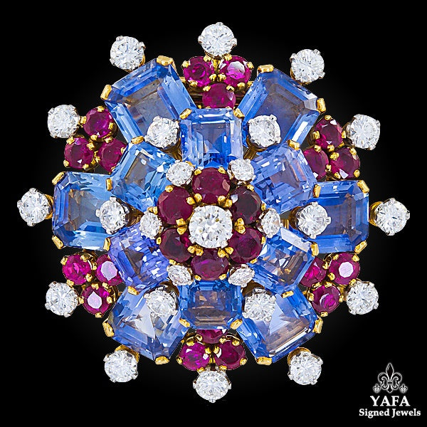 BULGARI Sapphire Ruby Diamond Retro Brooch