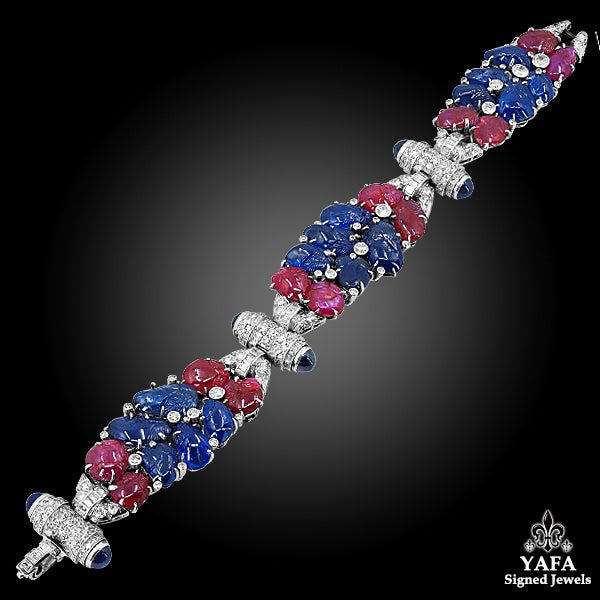 Carved Sapphire Diamond Ruby Deco Bracelet