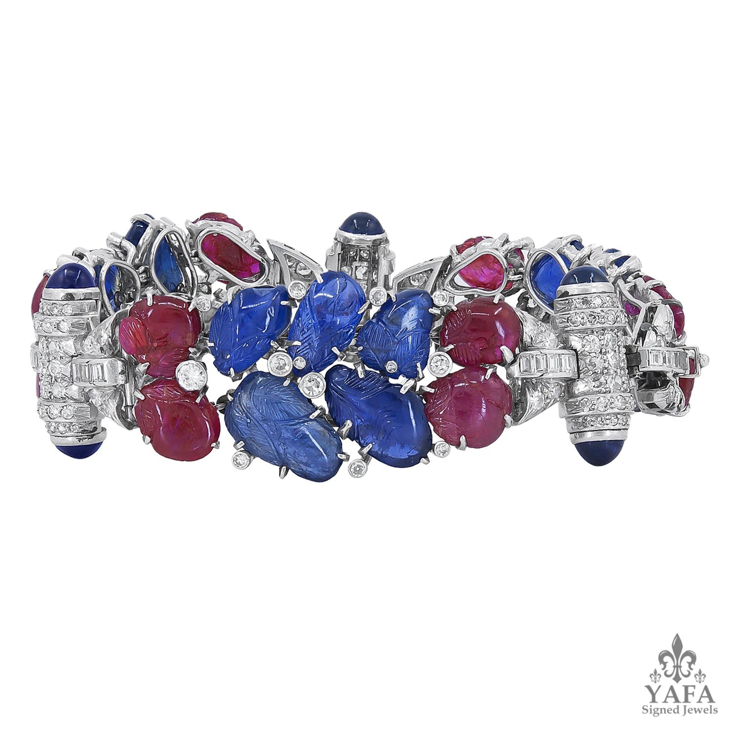 Carved Sapphire Diamond Ruby Deco Bracelet