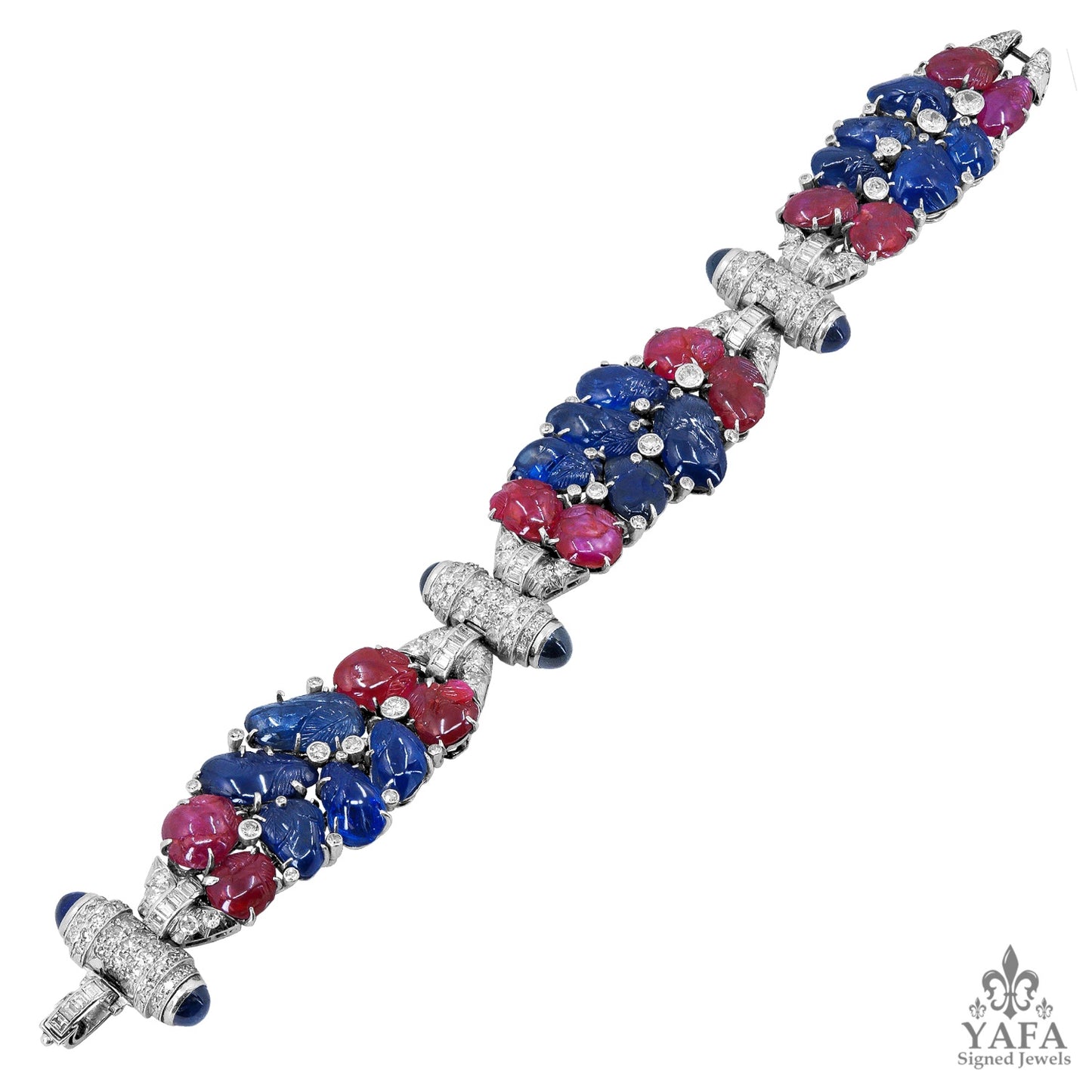 Carved Sapphire Diamond Ruby Deco Bracelet
