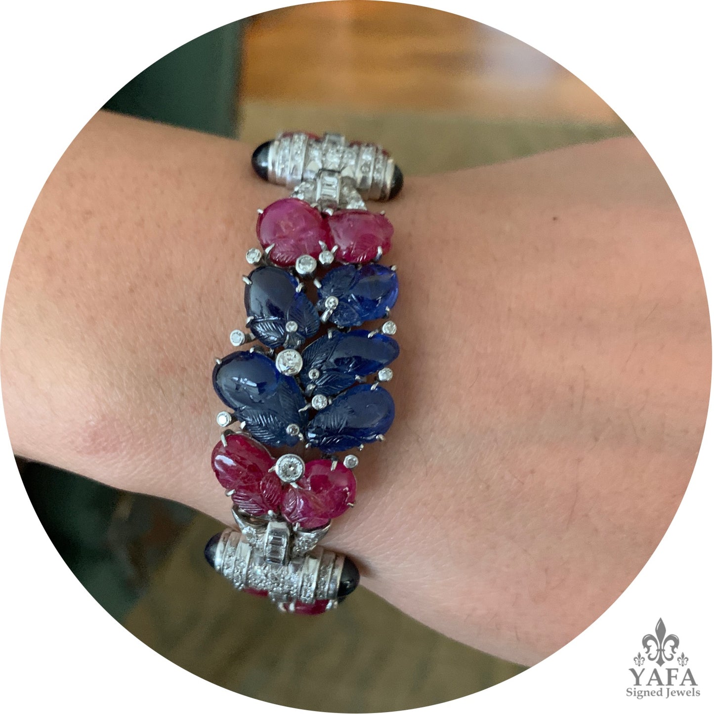 Carved Sapphire Diamond Ruby Deco Bracelet
