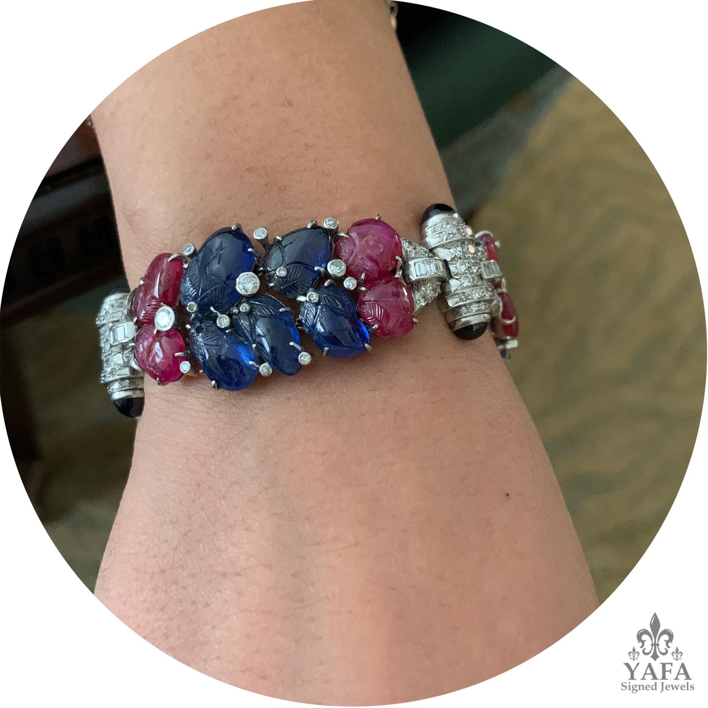 Carved Sapphire Diamond Ruby Deco Bracelet