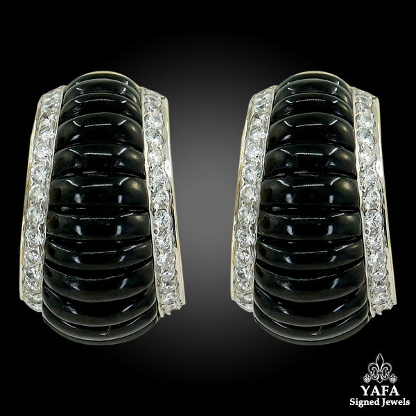 Deco-Style Onyx Diamond Half Hoop Bombe Earrings