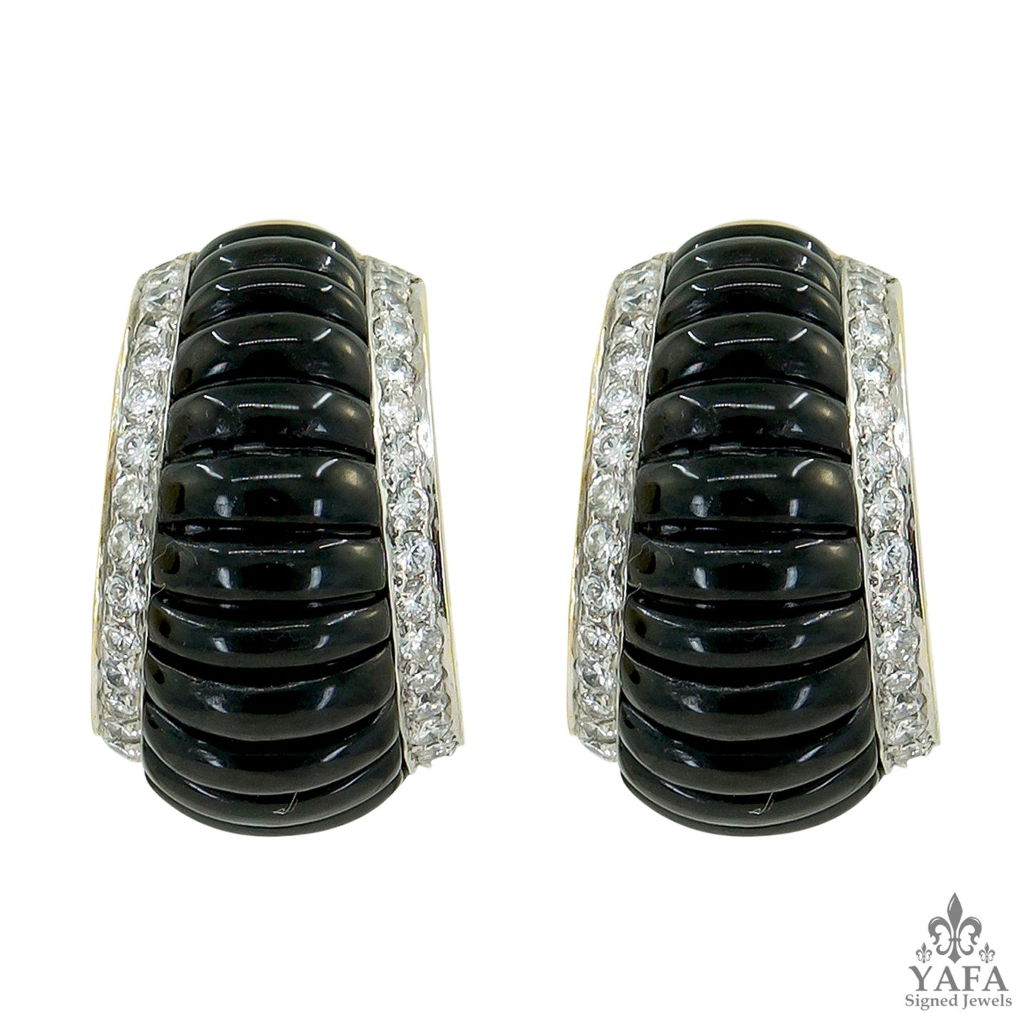 Deco-Style Onyx Diamond Half Hoop Bombe Earrings
