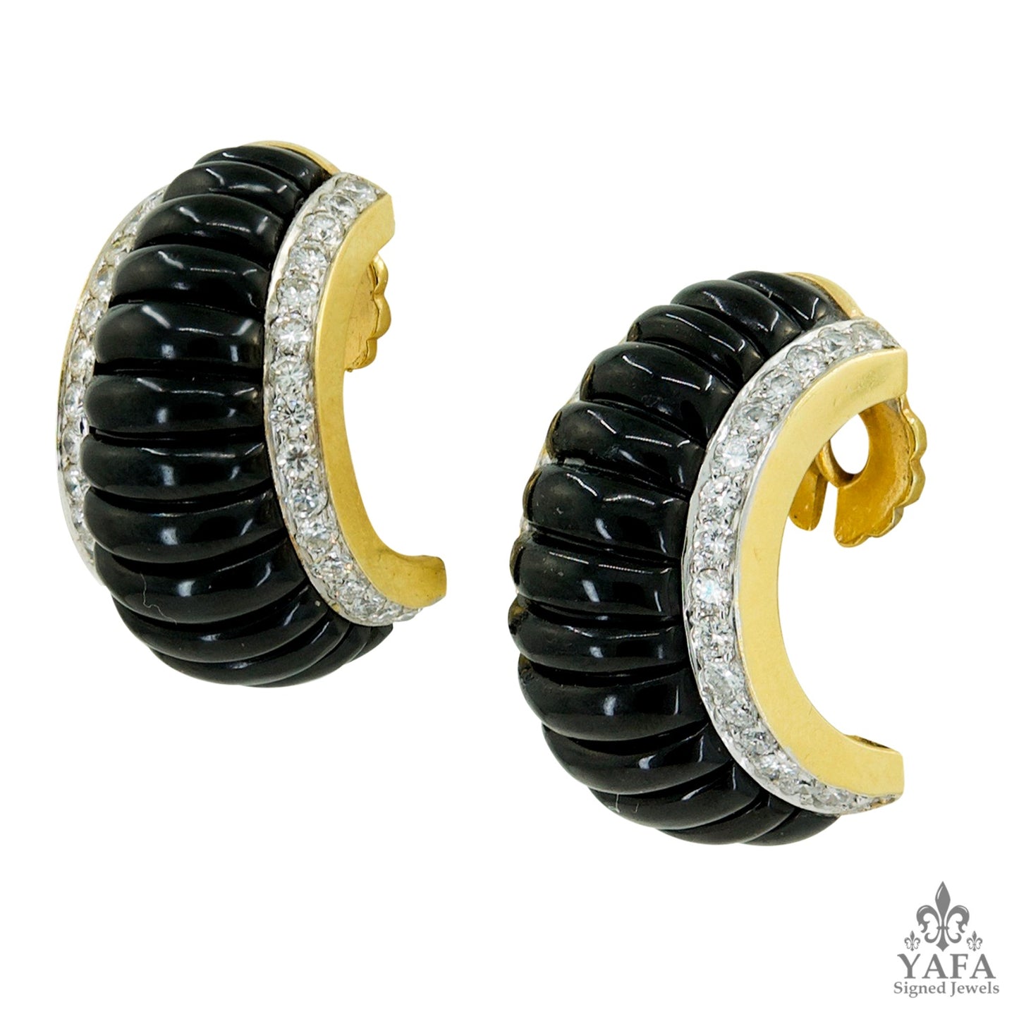 Deco-Style Onyx Diamond Half Hoop Bombe Earrings
