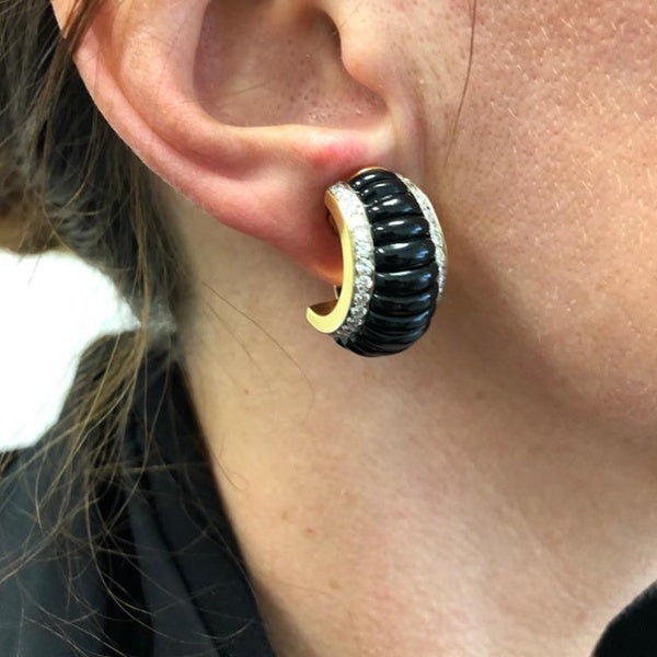 Deco-Style Onyx Diamond Half Hoop Bombe Earrings