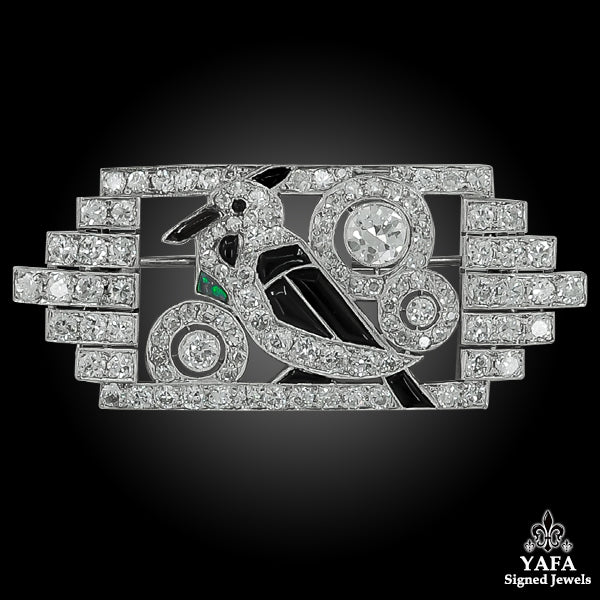 Platinum Diamond, Onyx & Opal Bird Brooch