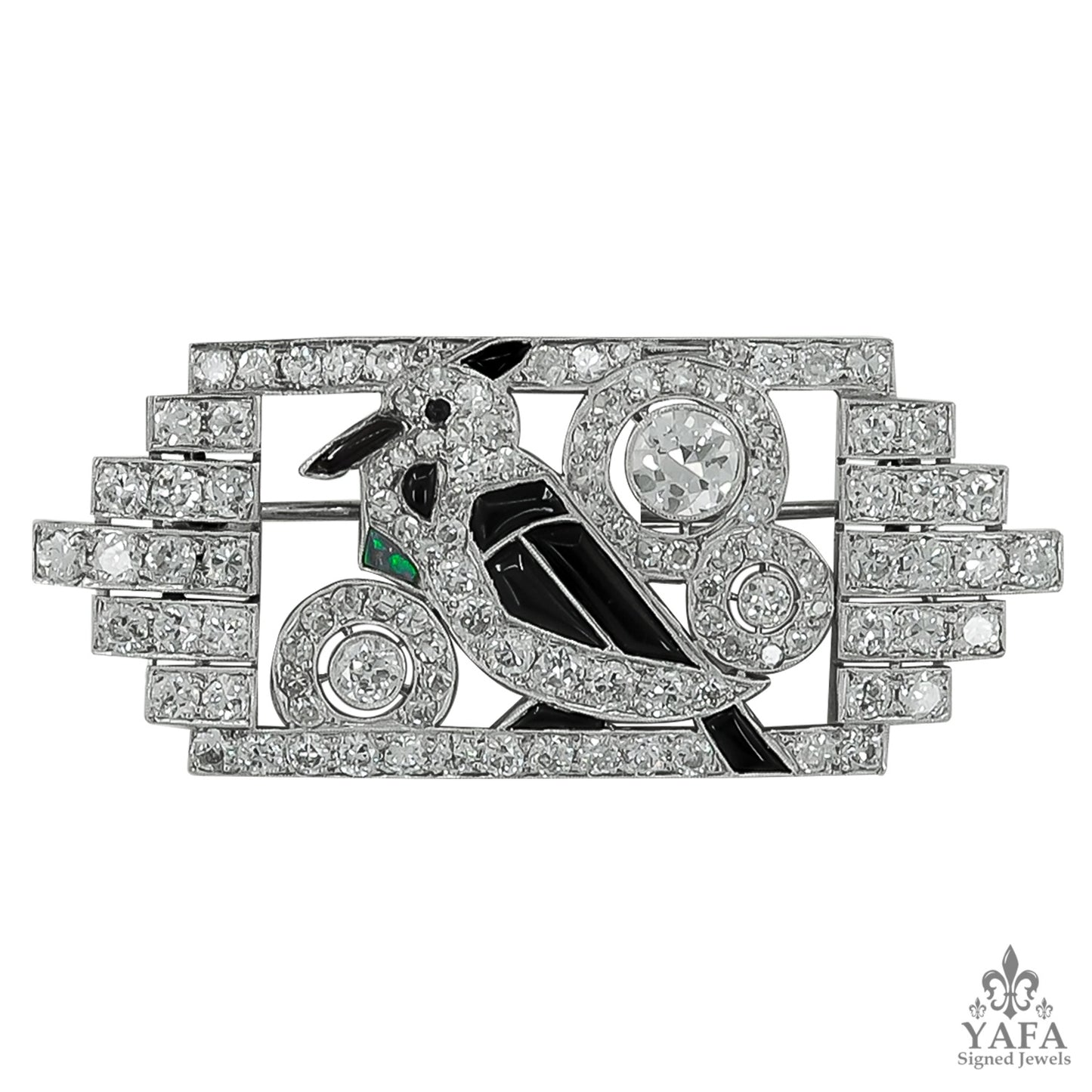 Platinum Diamond, Onyx & Opal Bird Brooch