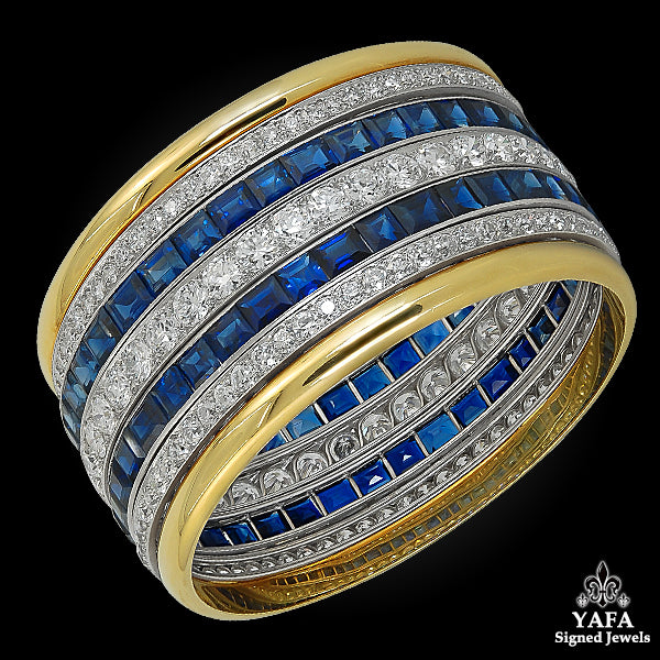 Two Tone Old Mine Diamond, Sapphire Wide Bracelet