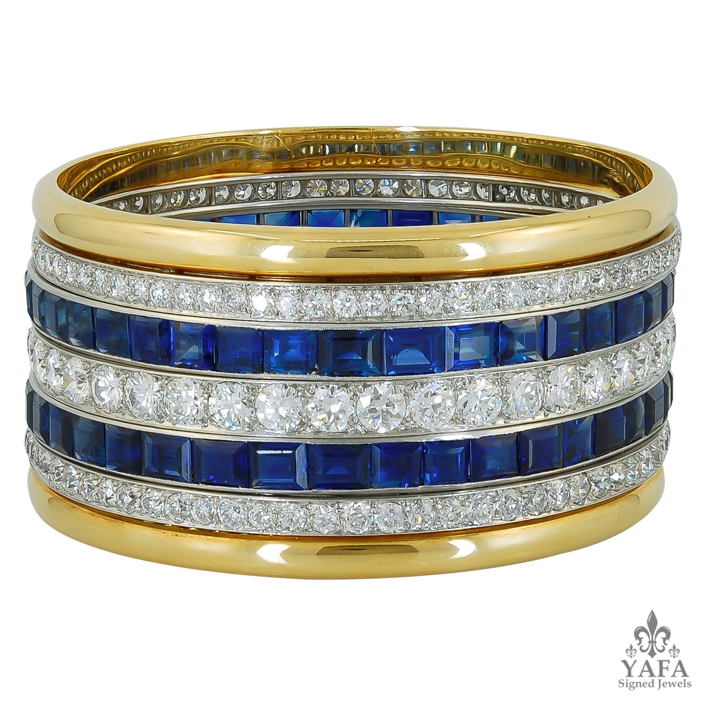 Two Tone Old Mine Diamond, Sapphire Wide Bracelet