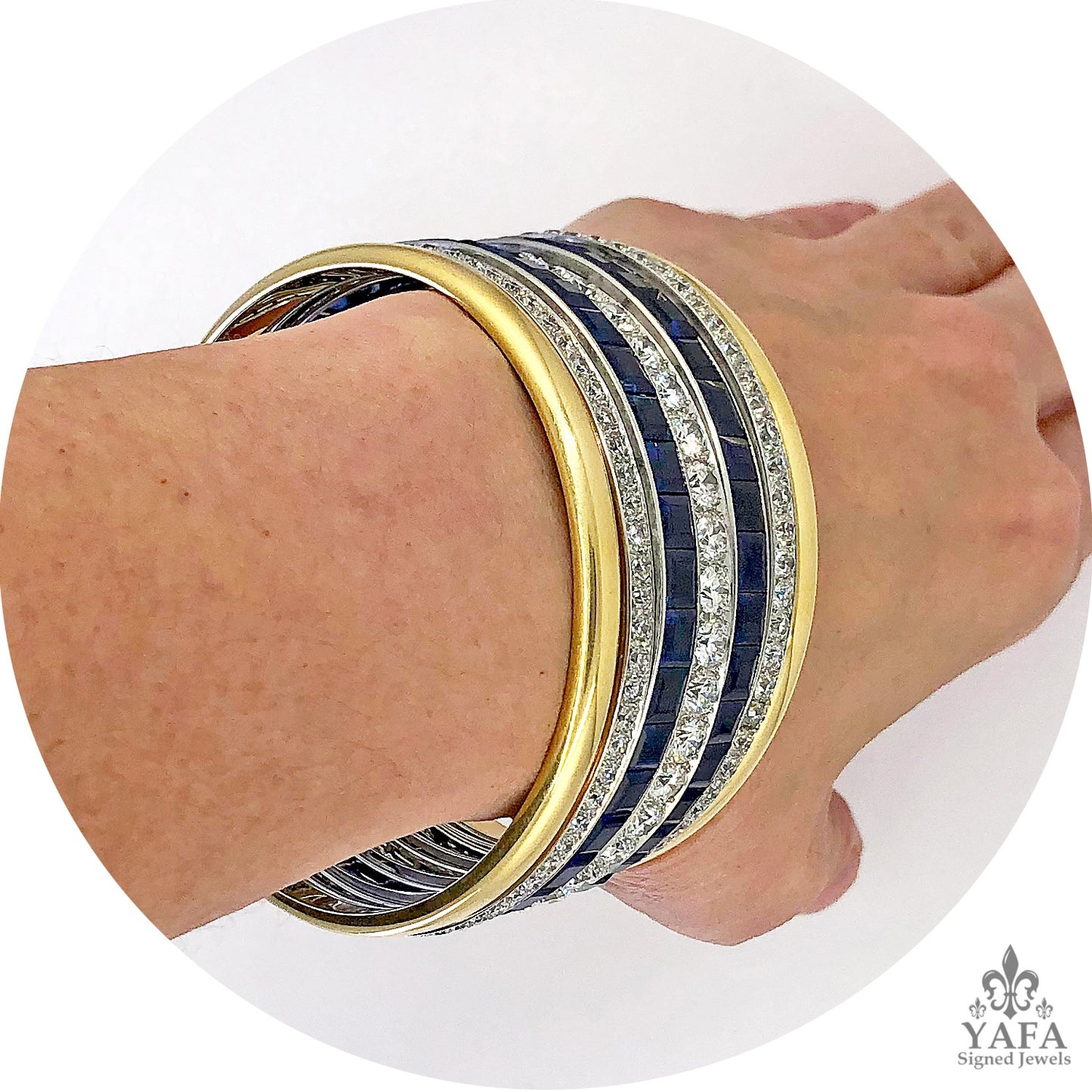 Two Tone Old Mine Diamond, Sapphire Wide Bracelet