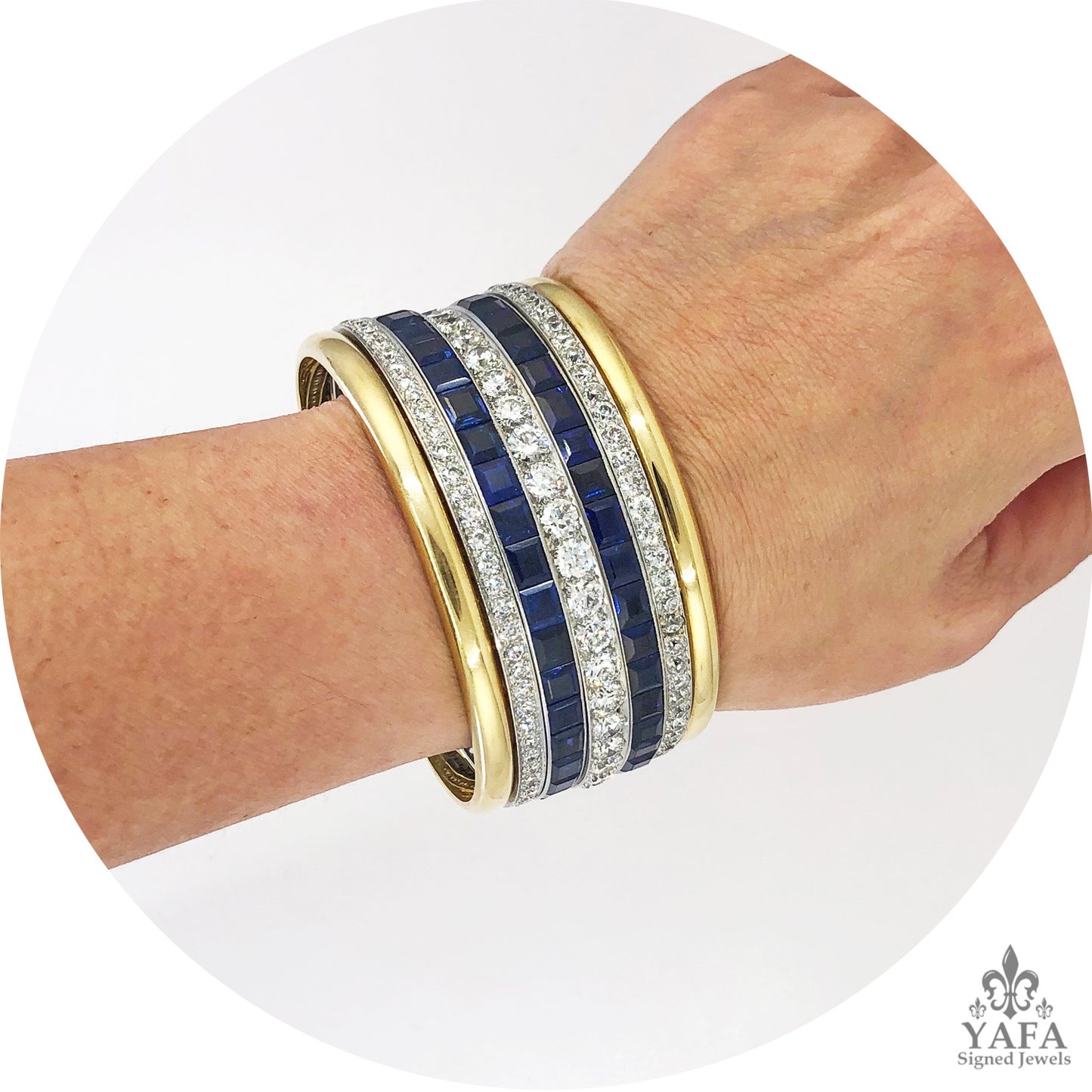 Two Tone Old Mine Diamond, Sapphire Wide Bracelet