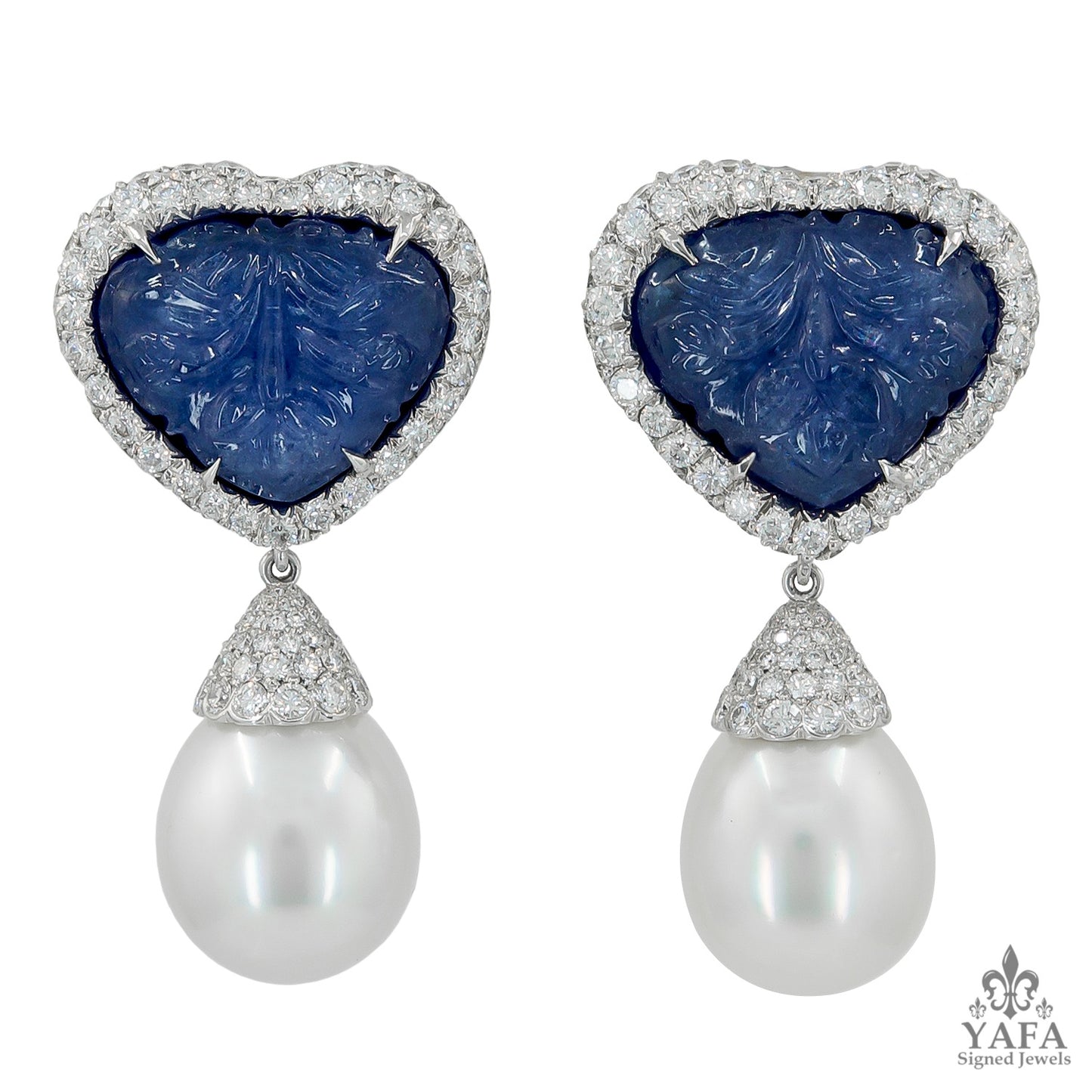 ADRIA HAUME 18k Gold Diamond, South Sea Pearl, Carved Sapphire Earrings