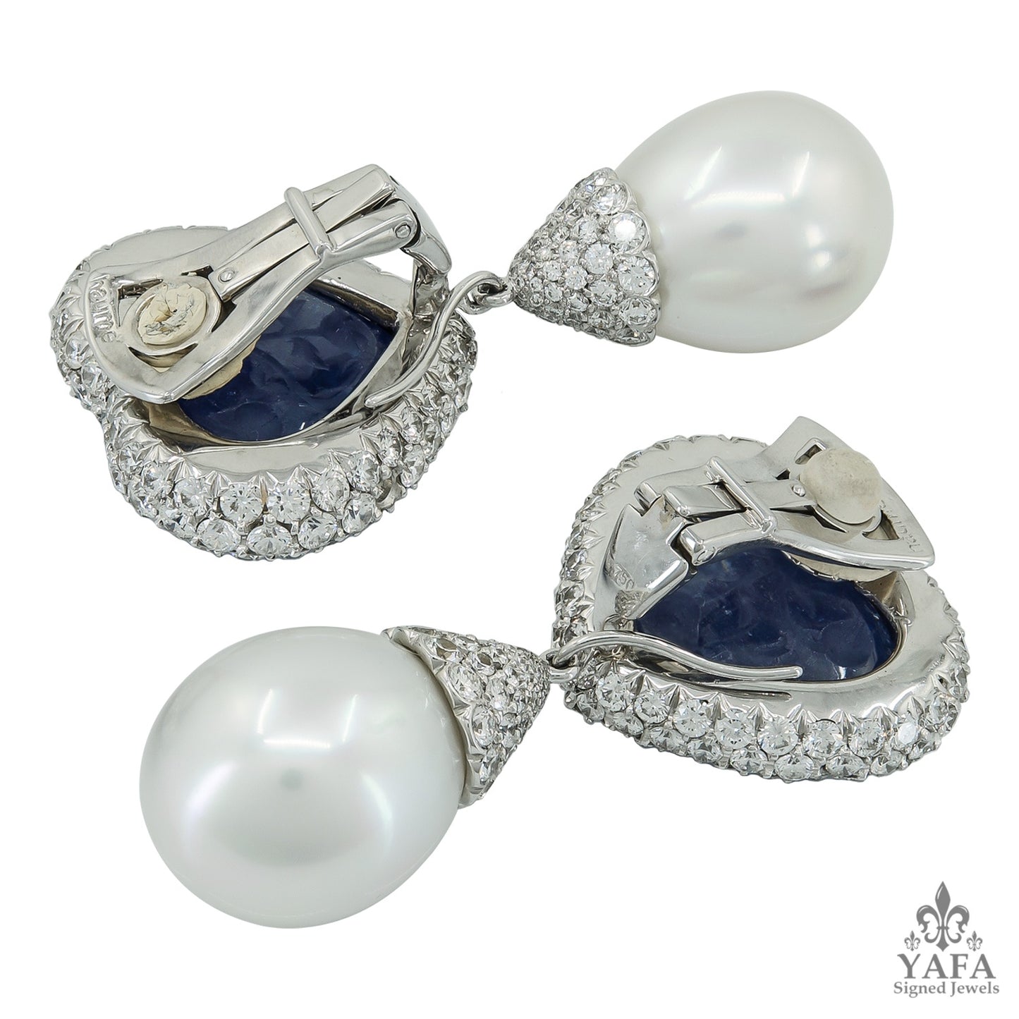 ADRIA HAUME 18k Gold Diamond, South Sea Pearl, Carved Sapphire Earrings