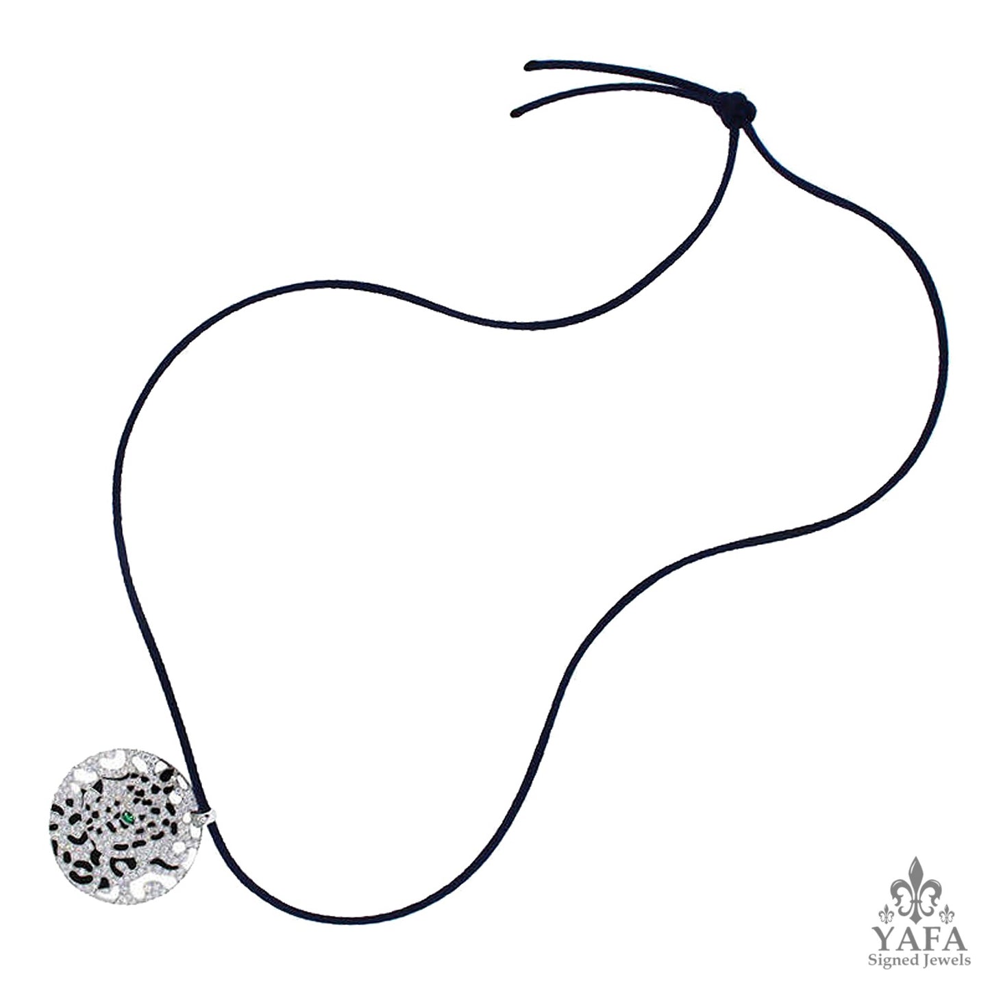 CARTIER Diamond, Emerald, Onyx Panther Disc Pendant/Necklace