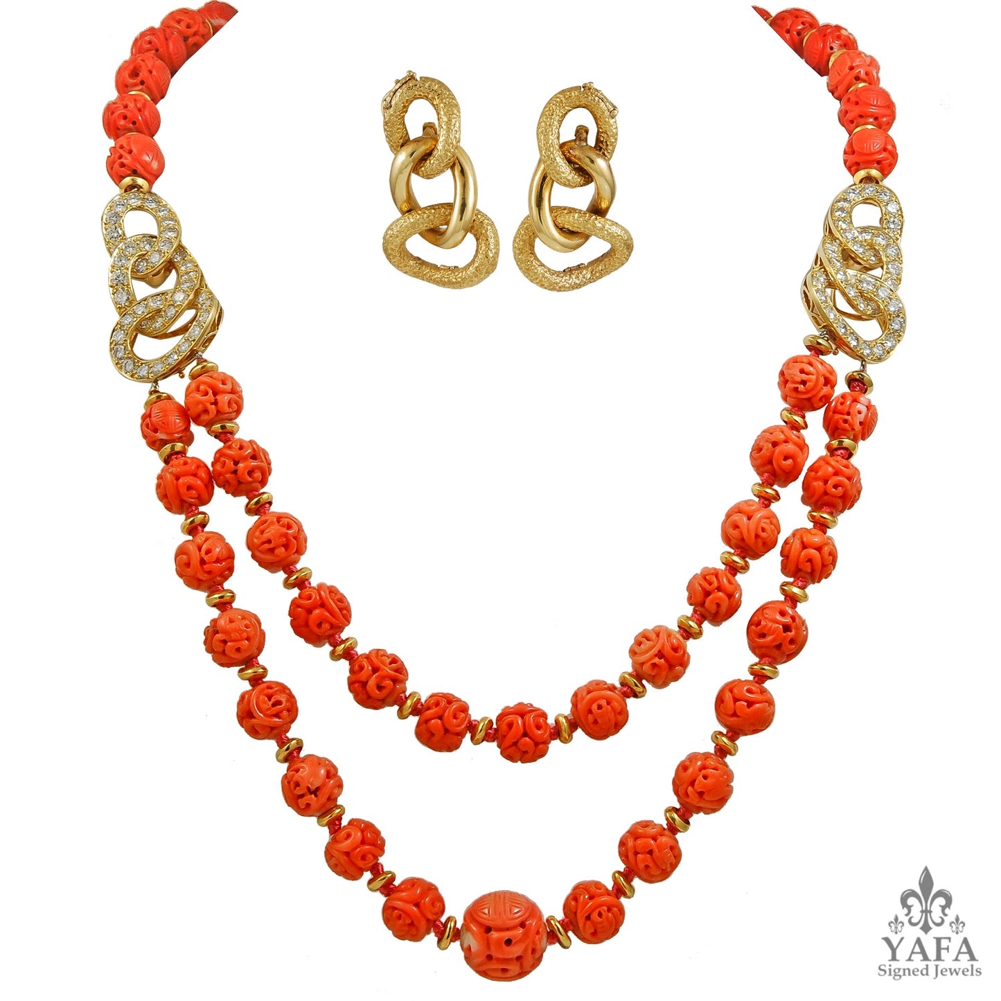 VAN CLEEF & ARPELS Carved Coral Beads, Diamond Necklace & Earrings