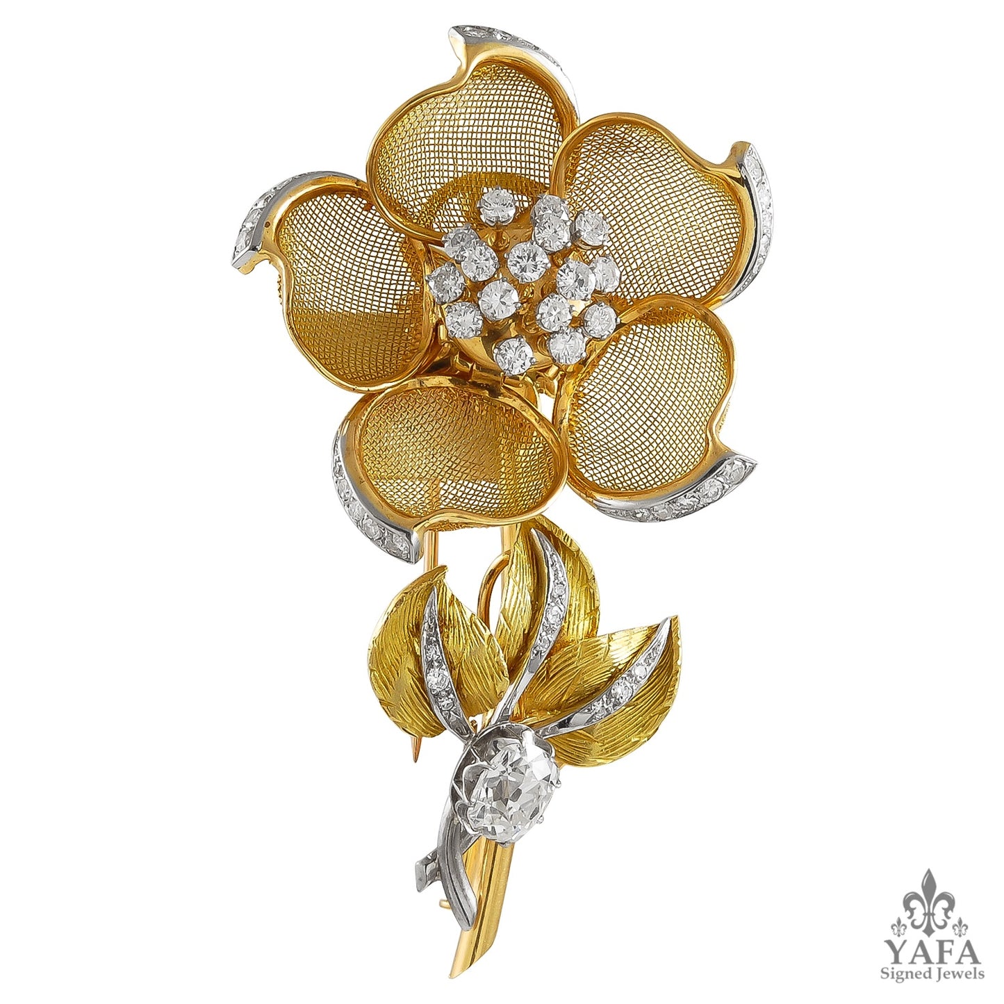 18k Yellow Gold Diamond Mesh Flower Brooch, Earrings