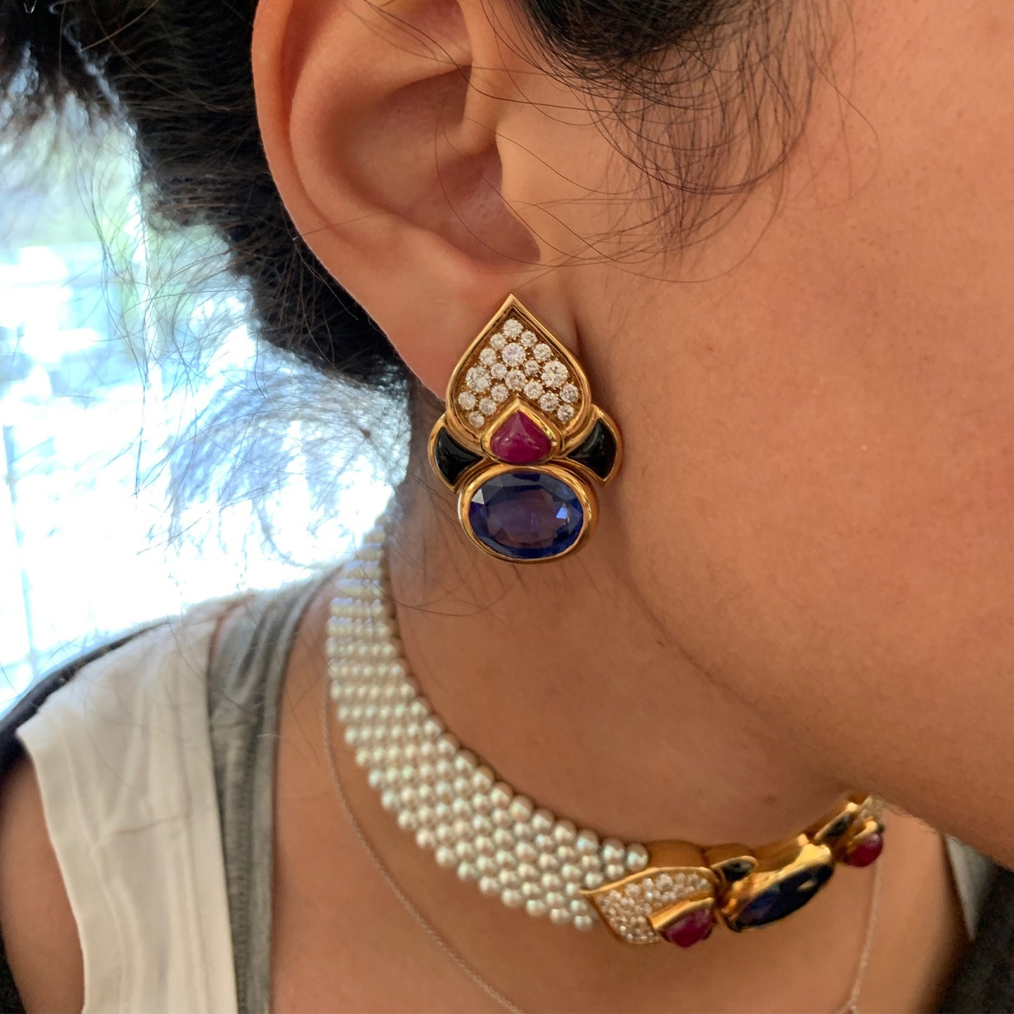 MARINA B Pauline Sapphire Pearl Collar Earrings Suite