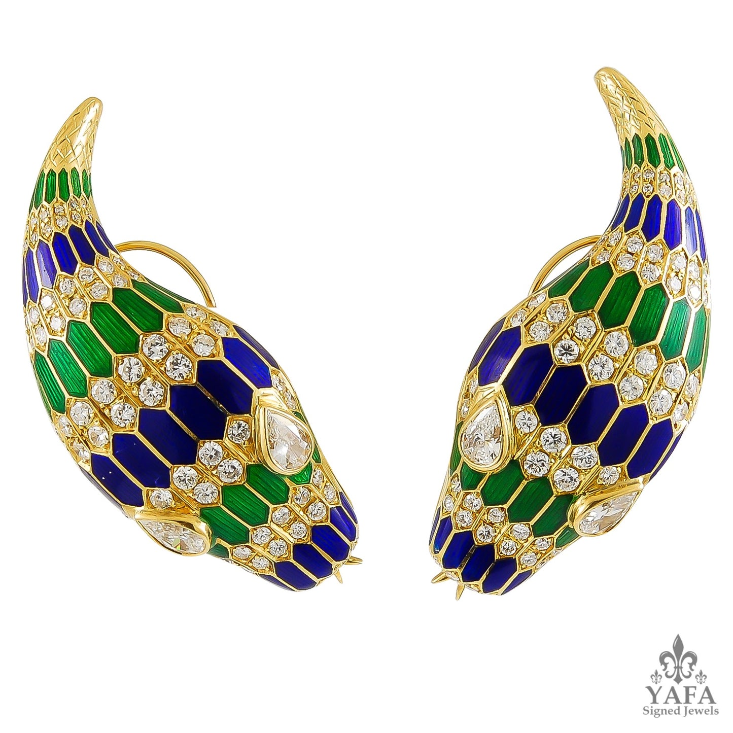 18k Gold Green/Blue Enamel Diamond Snake Necklace, Earrings