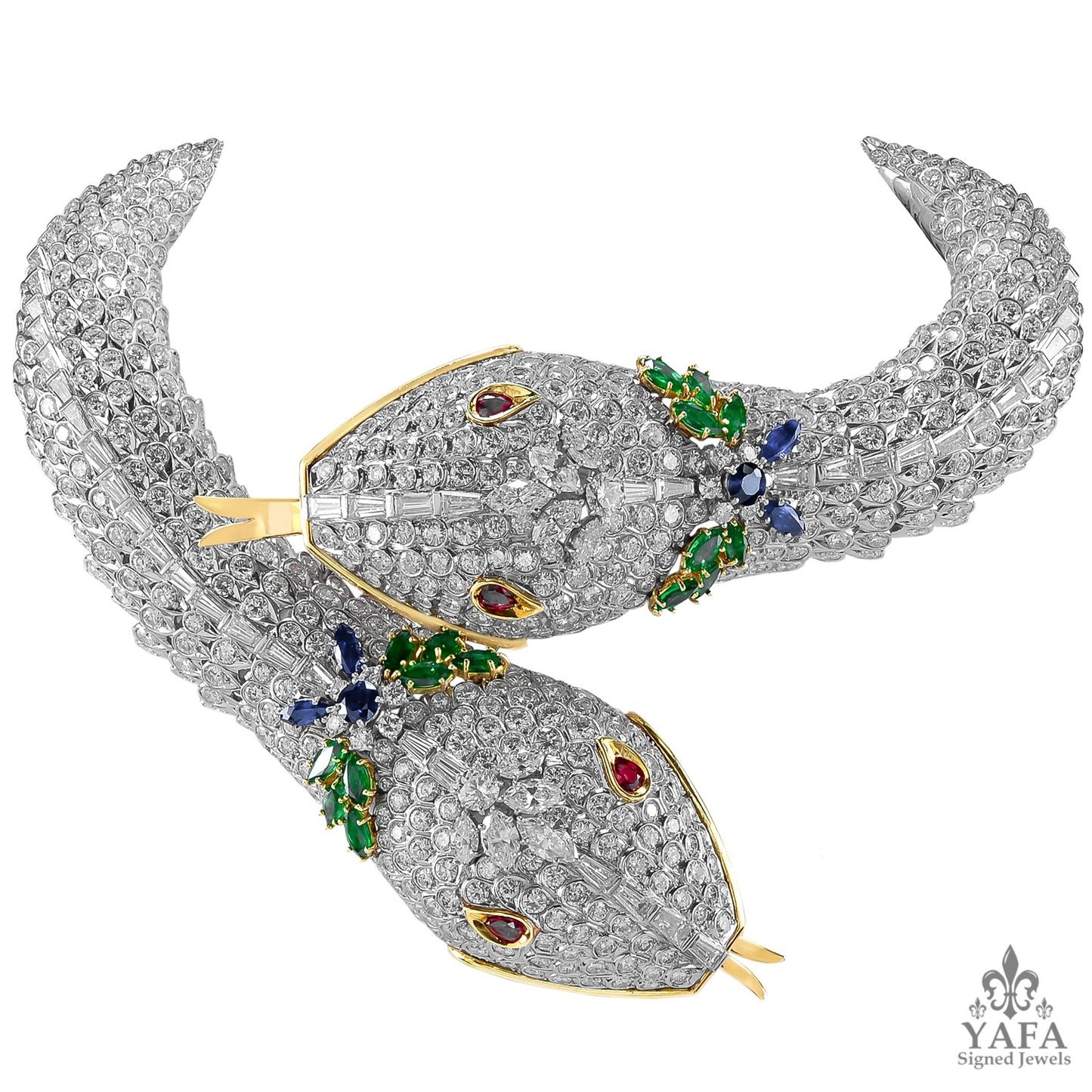HARRY WINSTON Diamond Ruby Emerald Sapphire Two Head Serpenti Necklace