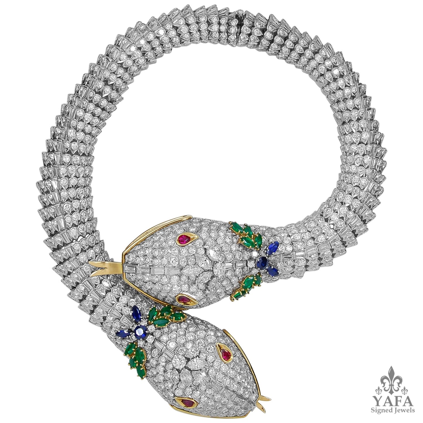 HARRY WINSTON Diamond Ruby Emerald Sapphire Two Head Serpenti Necklace