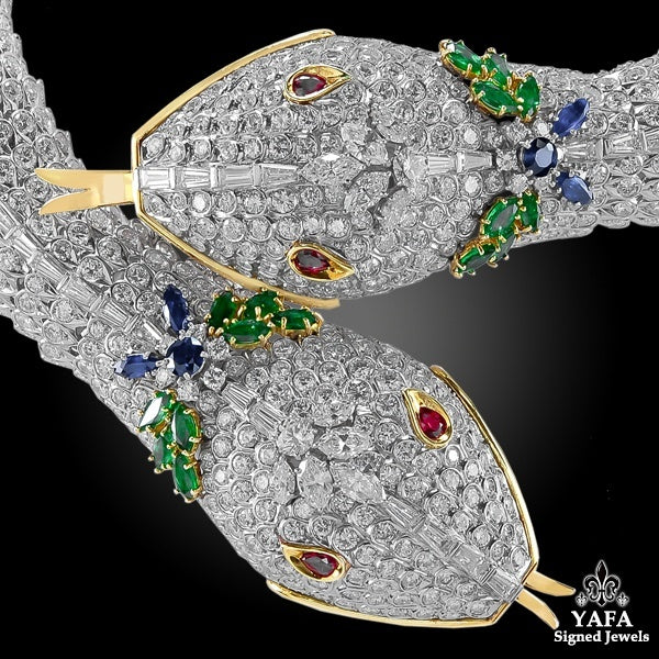 HARRY WINSTON Diamond Ruby Emerald Sapphire Two Head Serpenti Necklace