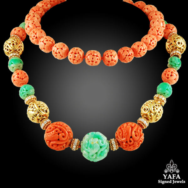 VAN CLEEF & ARPELS Diamond, Carved Coral, Jade Bead Necklace