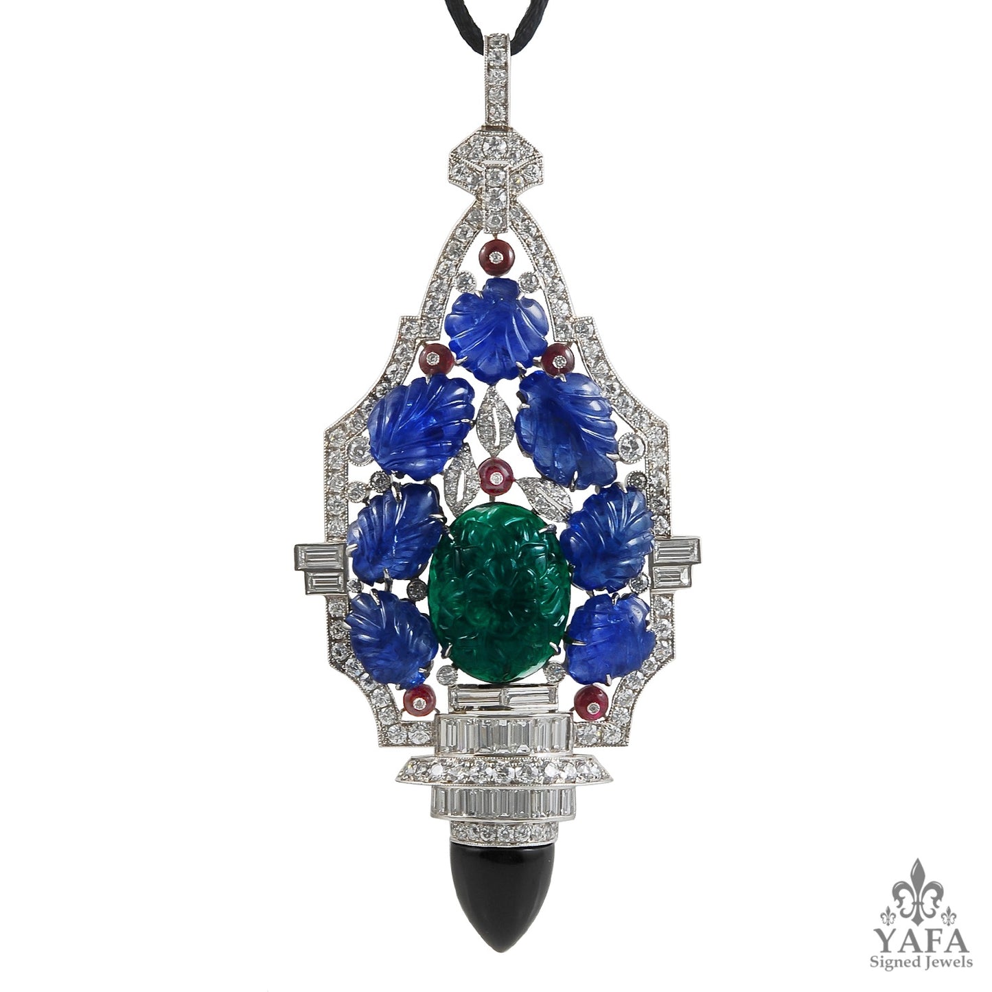 Platinum Diamond, Carved Sapphire, Emerald Necklace