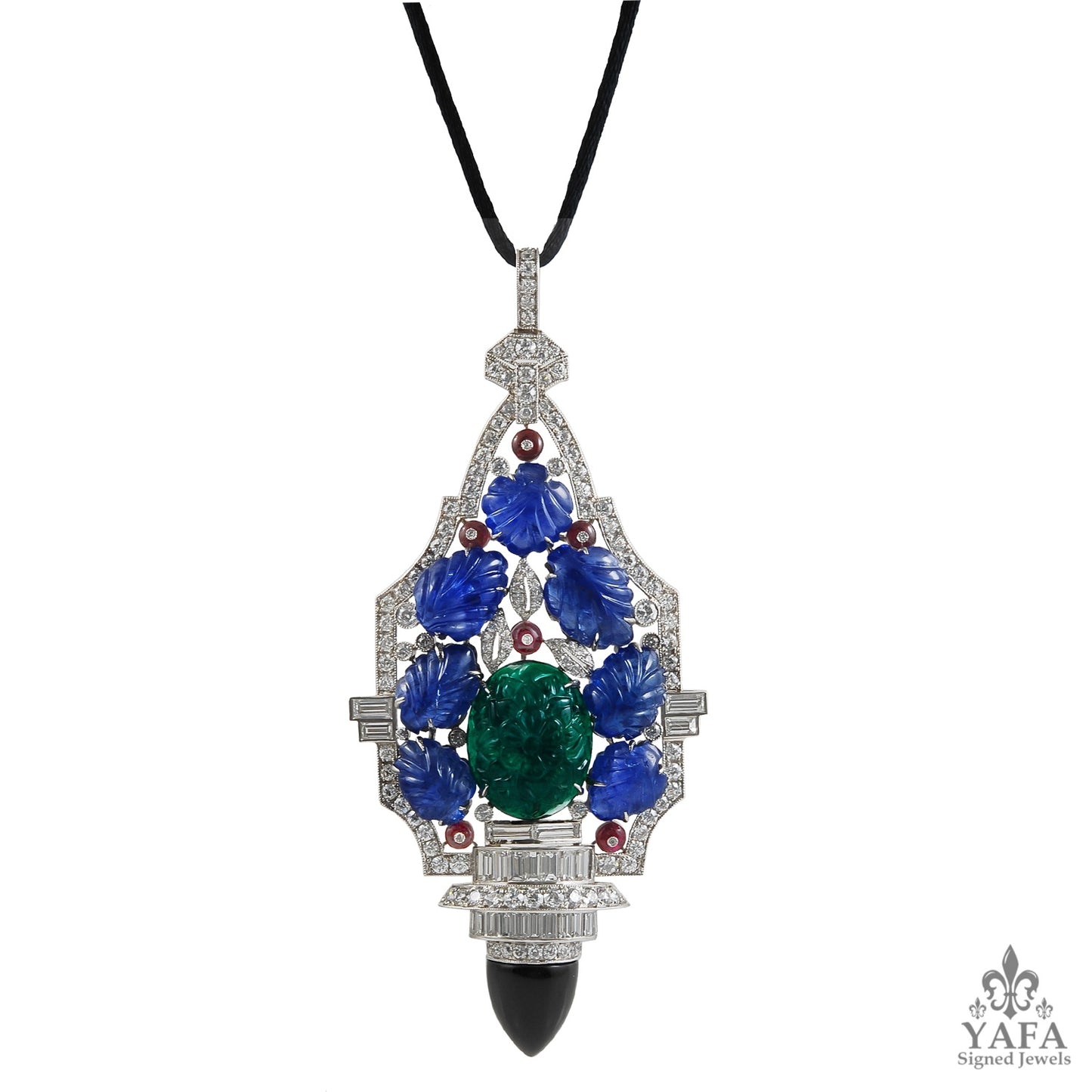 Platinum Diamond, Carved Sapphire, Emerald Necklace