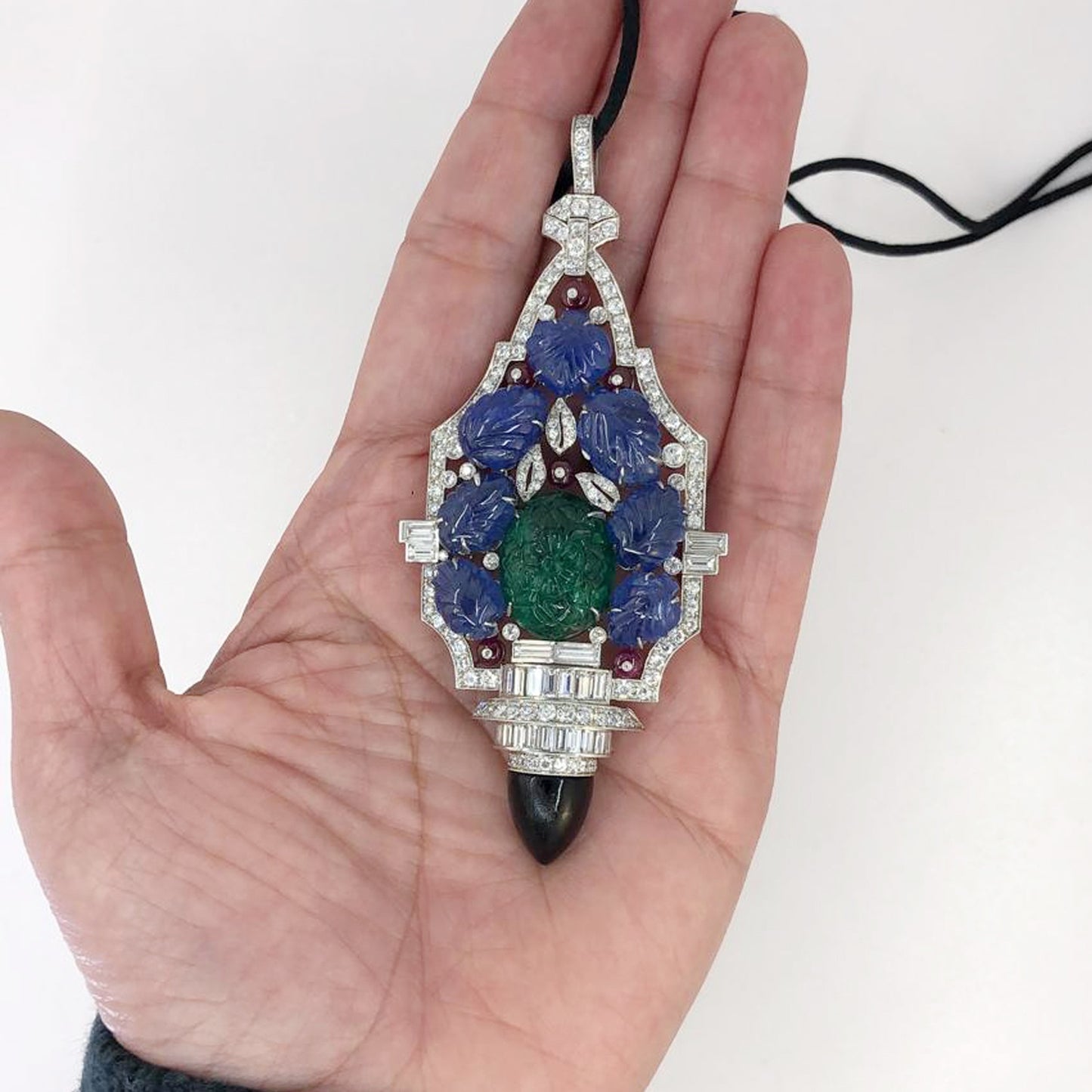 Platinum Diamond, Carved Sapphire, Emerald Necklace