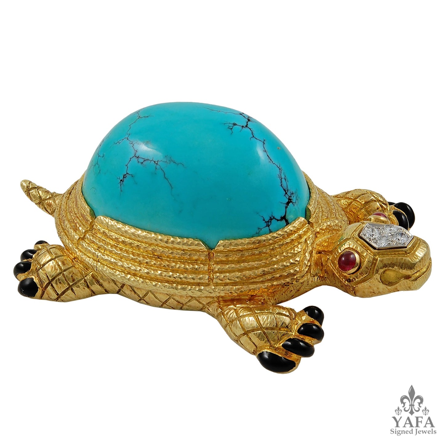 DAVID WEBB Two Tone Diamond, Turquoise, Ruby Turtle Brooch