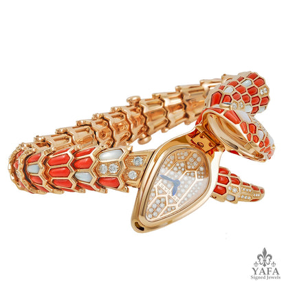 BULGARI Diamond,Pearl,Coral & Blue Sapphire Serpenti Bracelet Watch