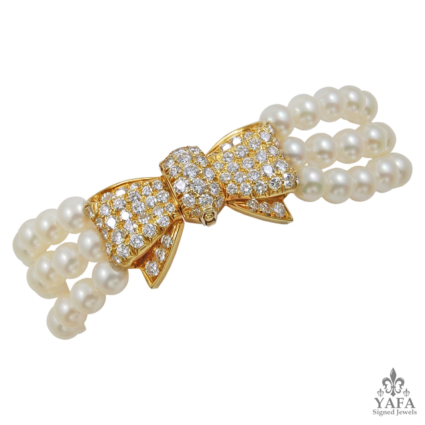 VAN CLEEF & ARPELS Diamond & 3 Row Pearl Bow Bracelet