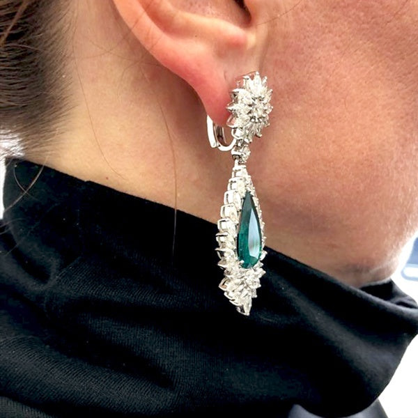 Diamond Pear Emerald Drop Earrings