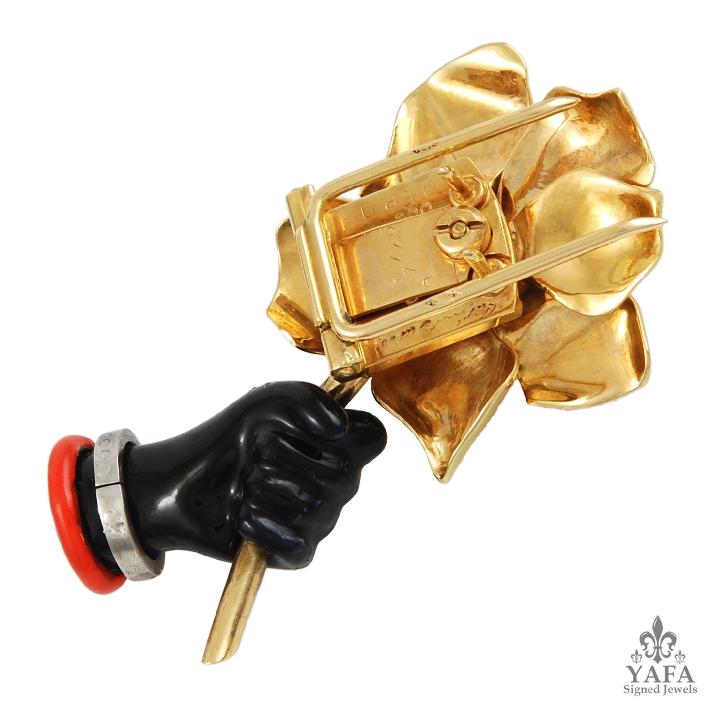 CARTIER Diamond Flower Enamel Coral Hand Brooch