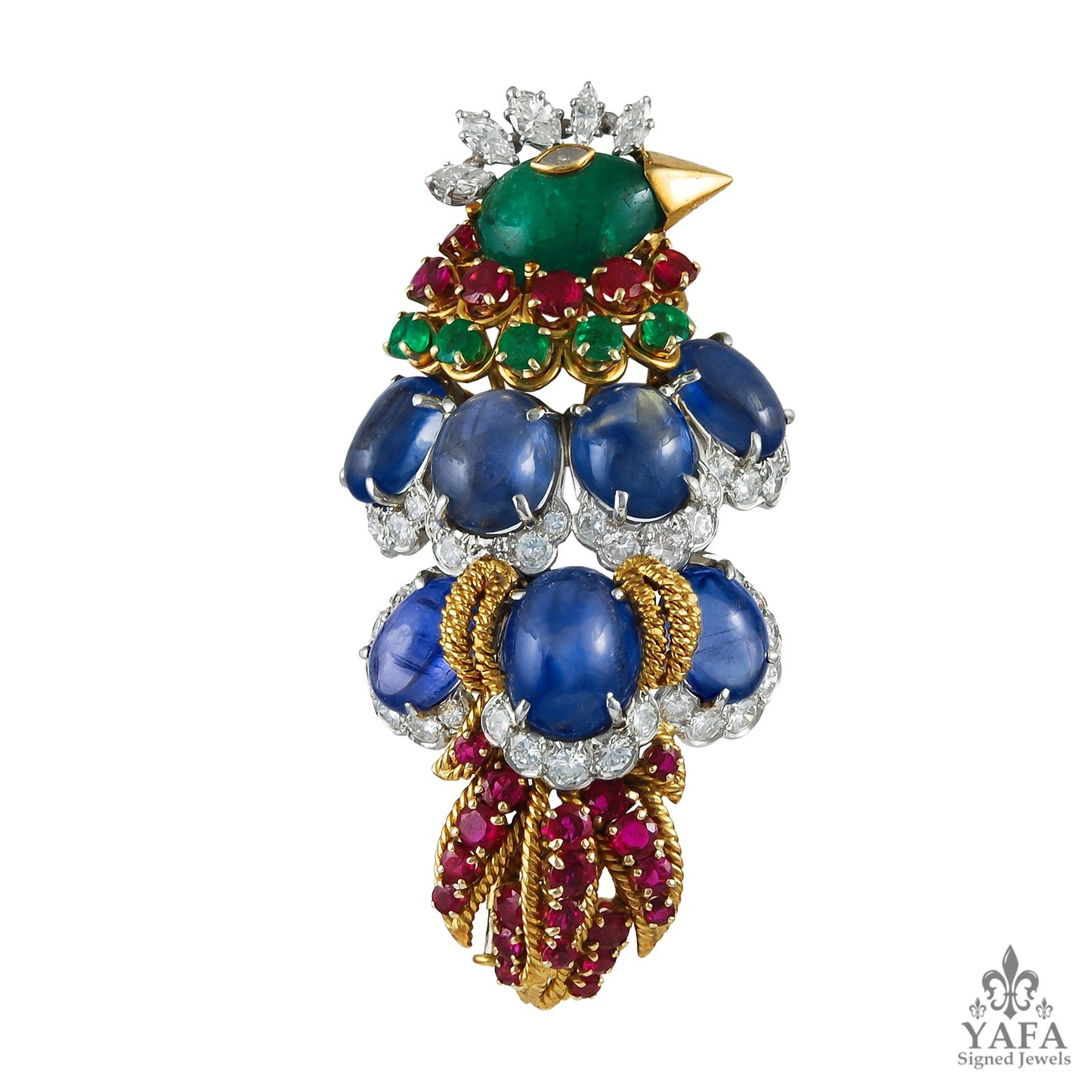 DAVID WEBB Diamond, Emerald,Ruby,Cabochon Sapphire Bird Brooch