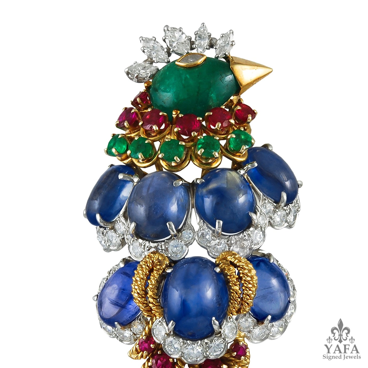 DAVID WEBB Diamond, Emerald,Ruby,Cabochon Sapphire Bird Brooch