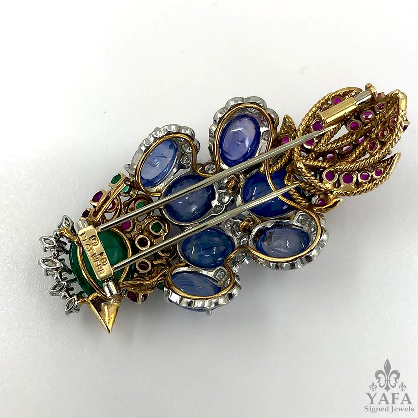 DAVID WEBB Diamond, Emerald,Ruby,Cabochon Sapphire Bird Brooch