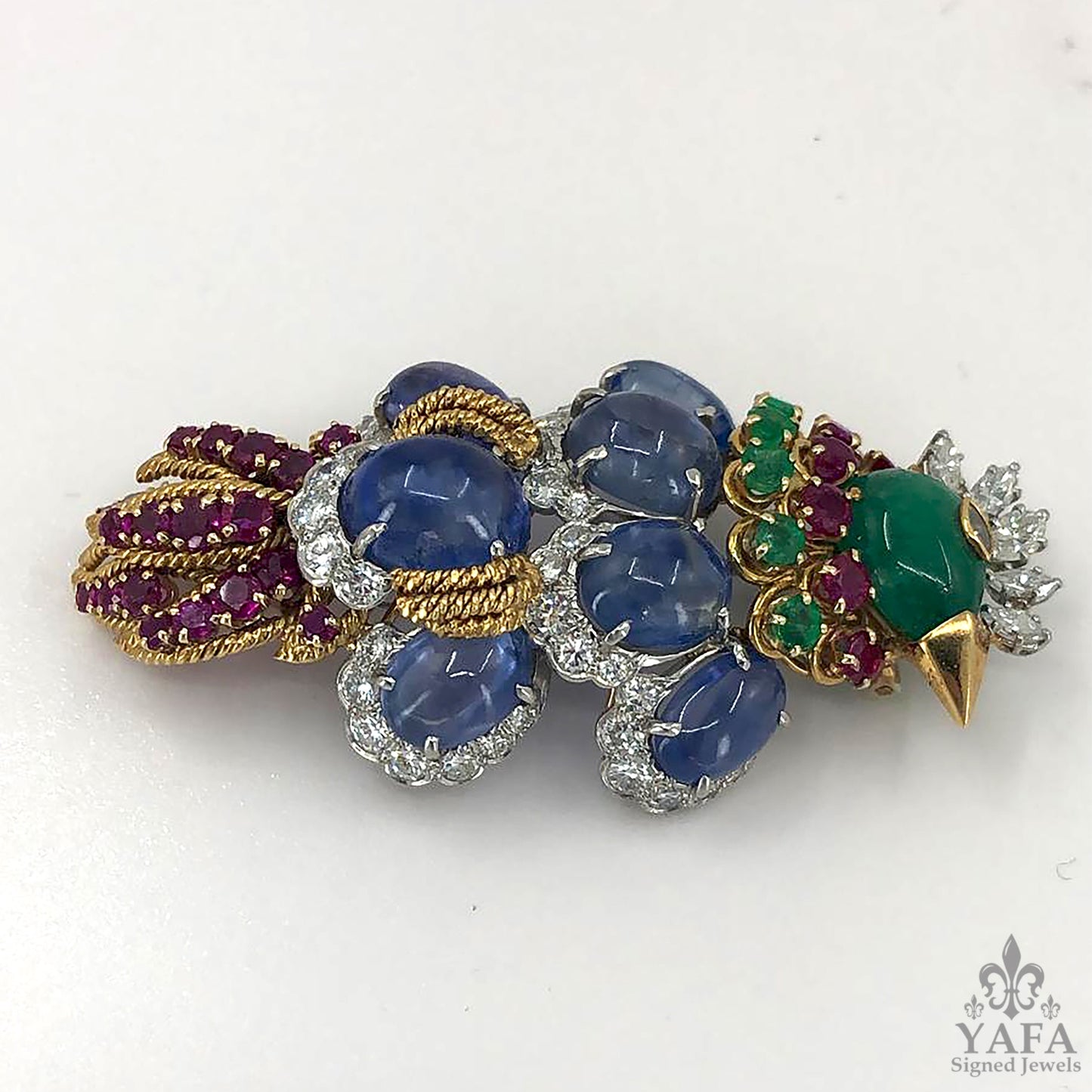 DAVID WEBB Diamond, Emerald,Ruby,Cabochon Sapphire Bird Brooch