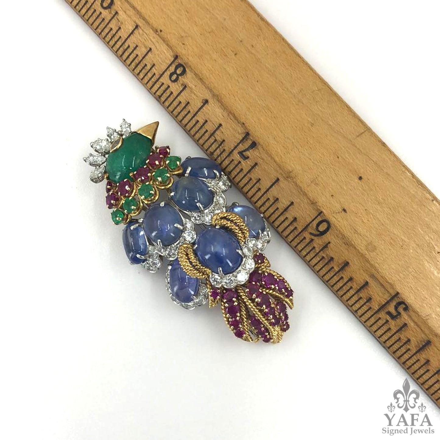 DAVID WEBB Diamond, Emerald,Ruby,Cabochon Sapphire Bird Brooch