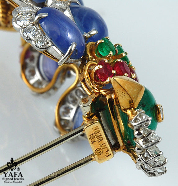 DAVID WEBB Diamond, Emerald,Ruby,Cabochon Sapphire Bird Brooch