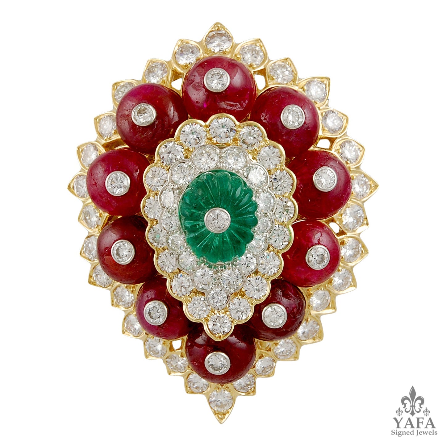 DAVID WEBB Diamond, Carved Emerald,Ruby Brooch