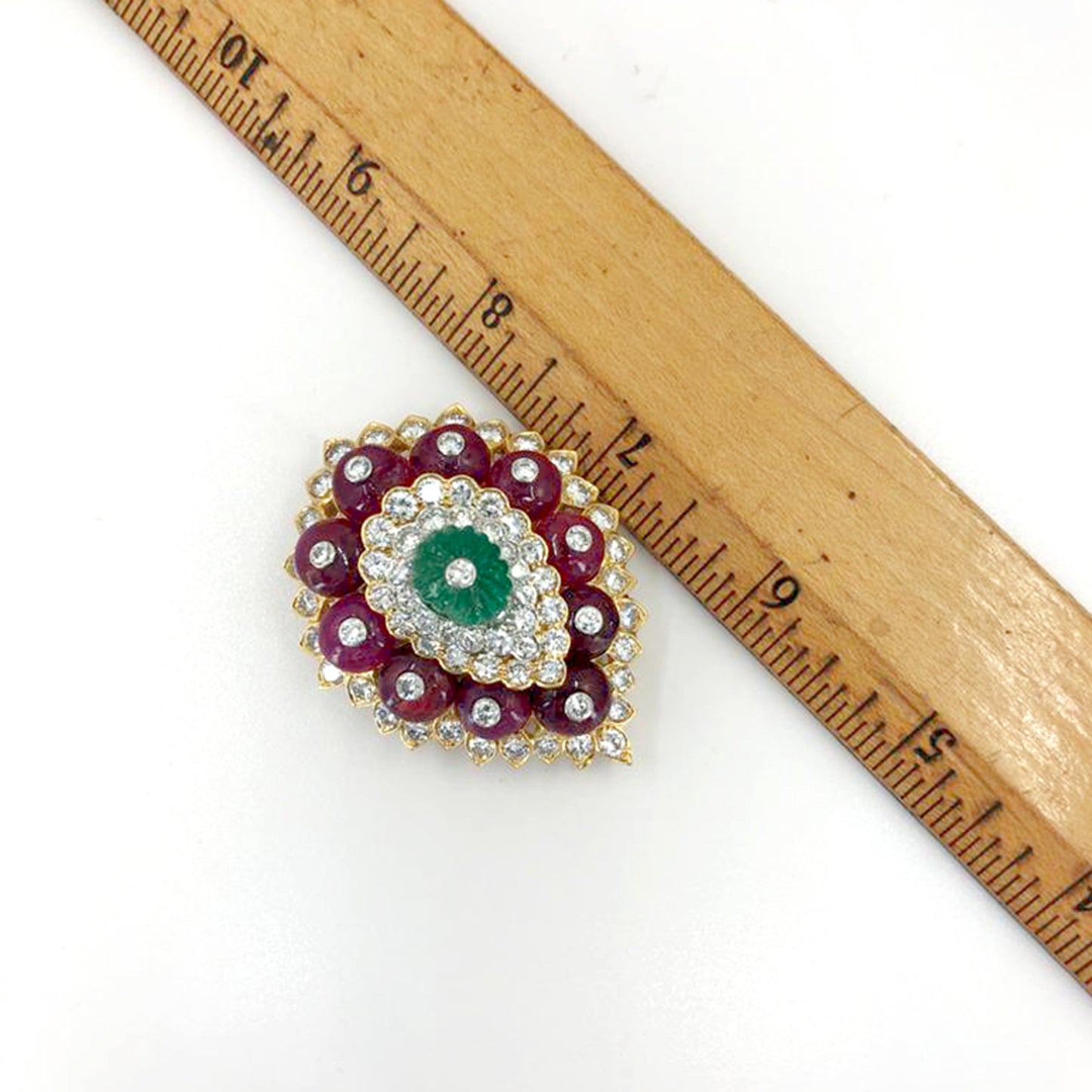 DAVID WEBB Diamond, Carved Emerald,Ruby Brooch
