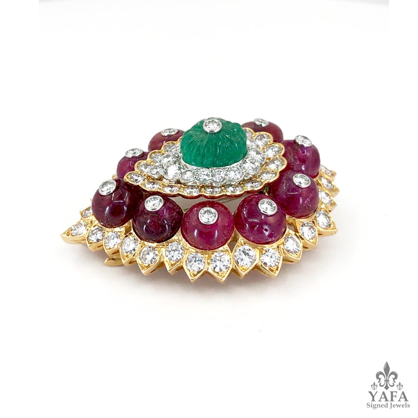 DAVID WEBB Diamond, Carved Emerald,Ruby Brooch