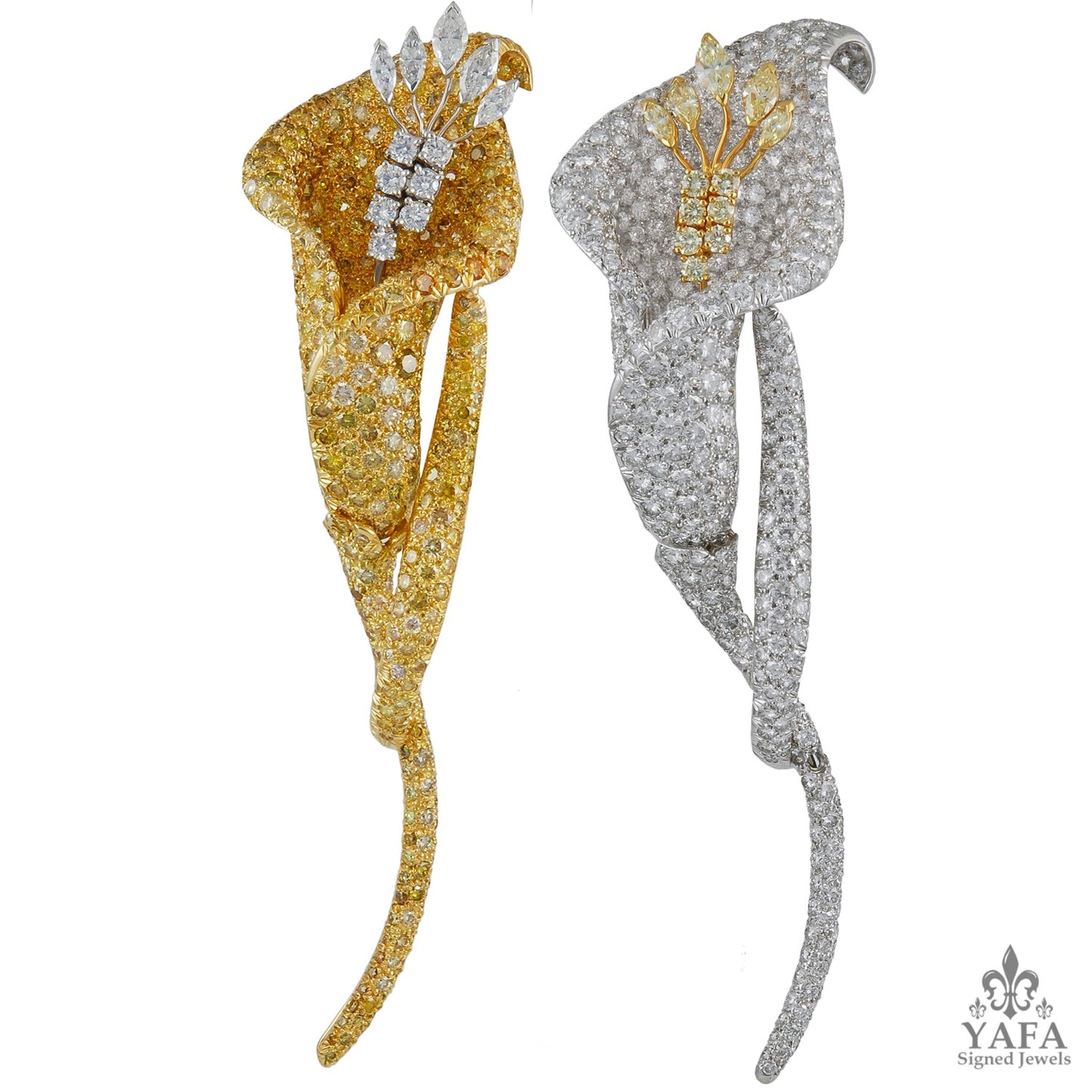 DAVID WEBB Two Diamond,Colored Diamond Flower Brooches