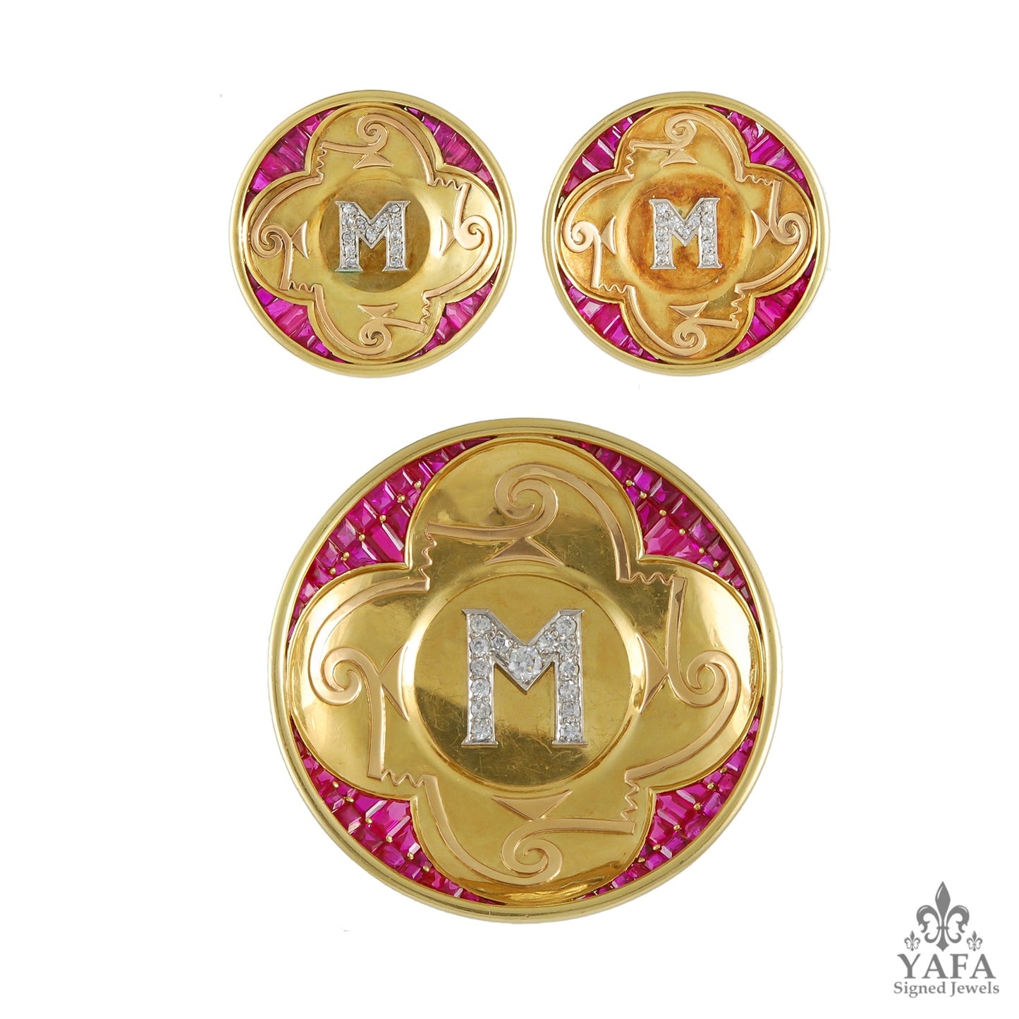 PAUL FLATO Diamond, Ruby with Initial M Brooch,Earrings