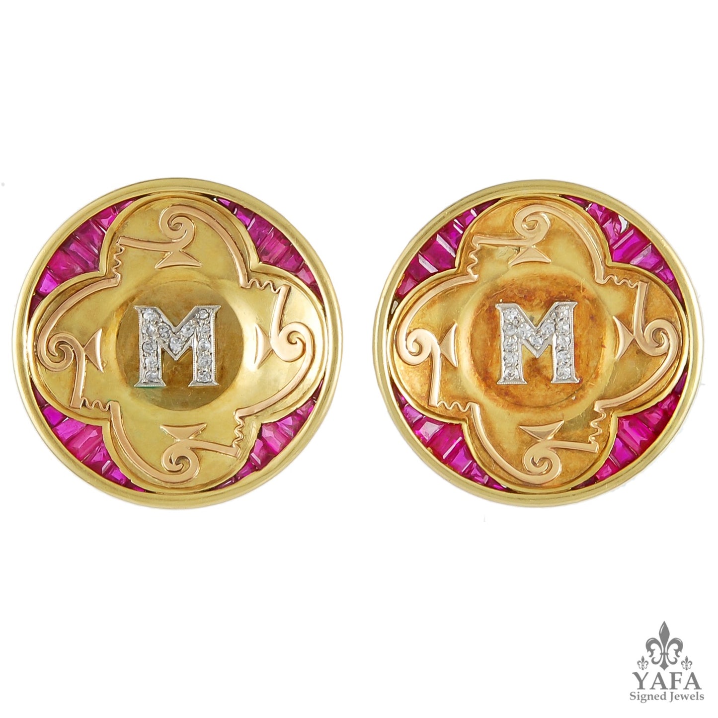 PAUL FLATO Diamond, Ruby with Initial M Brooch,Earrings