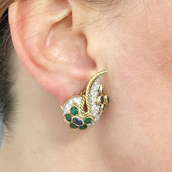 Diamond Sapphire Emerald Paisley Earrings