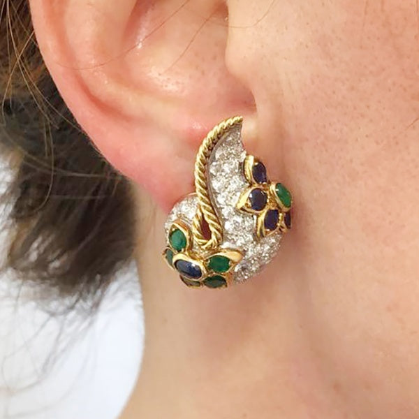 Diamond Sapphire Emerald Paisley Earrings